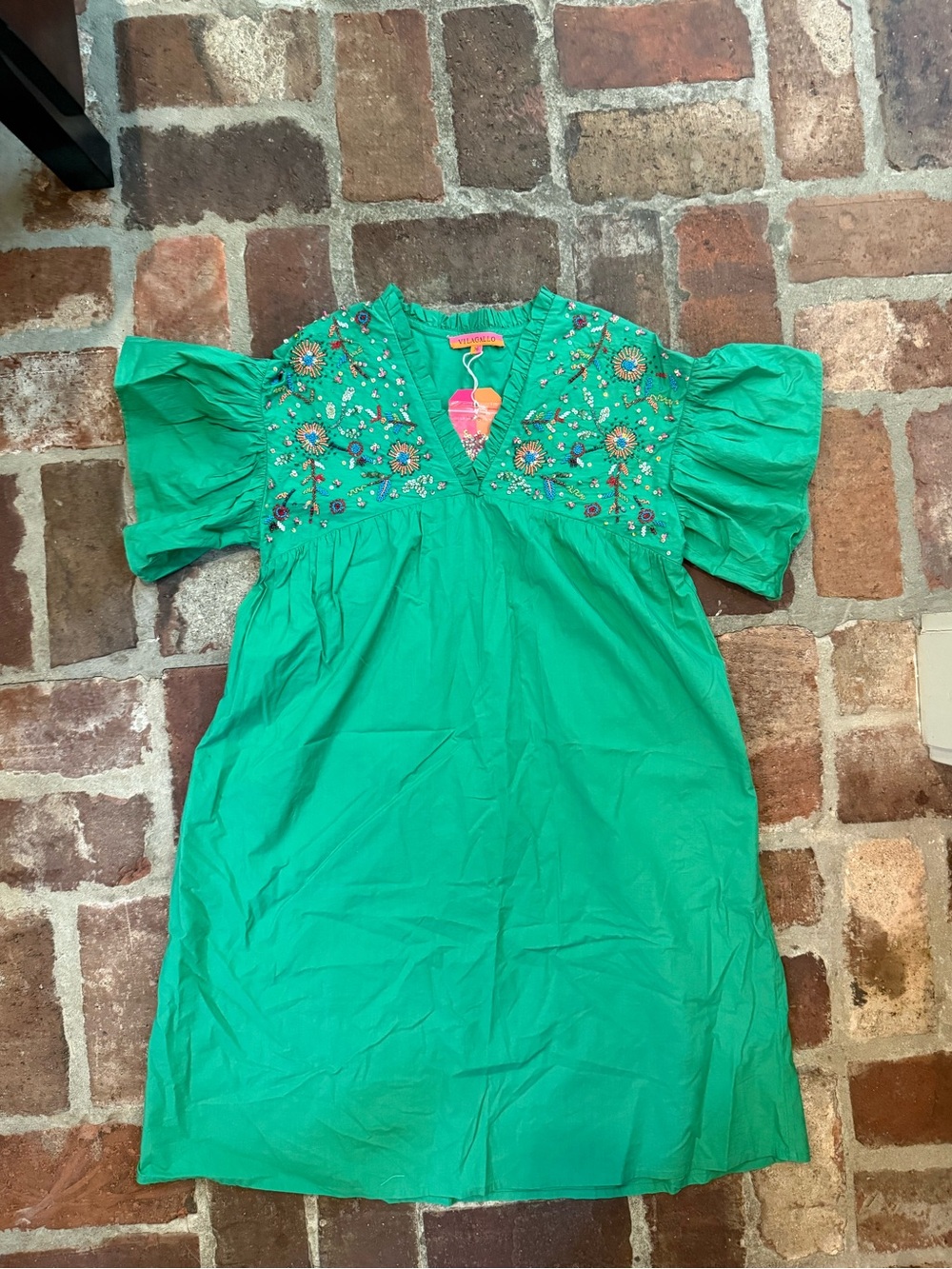 Vilagallo Emerald Green Embroidered Puff-Sleeve Mini Dress